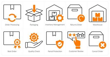 A set of 10 shopping icons as order processing, packaging, inventory management vector