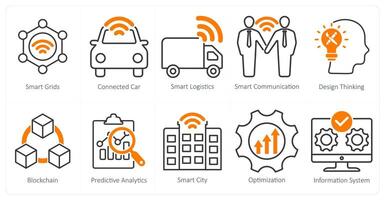A Set of 10 Industrial icons as smart grids, connected car, smart logistics vector