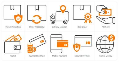 A set of 10 shopping icons as parcel protection, order processing, delivery location vector
