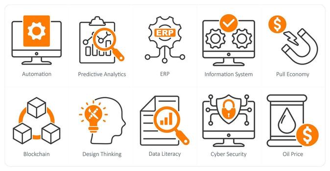 A Set of 10 Industrial icons as automation, predictive analytics, erp vector
