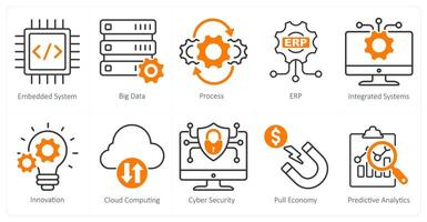 A Set of 10 Industrial icons as embedded system, big data, process vector