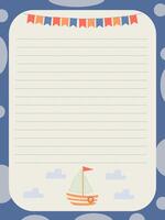 template of a cute children's page for diary entries with a marine theme vector