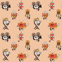 Seamless pattern with Cartoon cinema set, figure, reminiscent of classic animations from the 60s and 70s vector