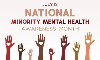 National minority mental health awareness month is observed every year in July. Minority mental health awareness month. template for banner, greeting card, poster with background. vector