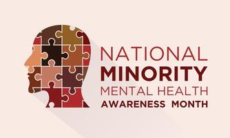 National minority mental health awareness month is observed every year in July. Minority mental health awareness month. template for banner, greeting card, poster with background. vector