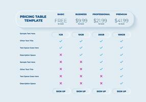 Business price chart template, Web banner checklist template design. Design a price list comparison table. vector