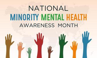 National minority mental health awareness month is observed every year in July. Minority mental health awareness month. template for banner, greeting card, poster with background. vector
