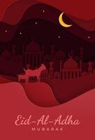 Eid al-Adha Mubarak celebrates the background design of the Muslim community festival in the style of cutting goats and mosques. vector