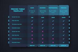 Business price chart template, Web banner checklist template design. Design a price list comparison table. vector