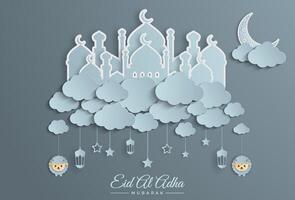 Muslim holiday of Eid al-Adha. the sacrifice of a ram. graphic design of Bayrami sacrifice with a paper cut style. Mosque on clouds, moon, sheep vector