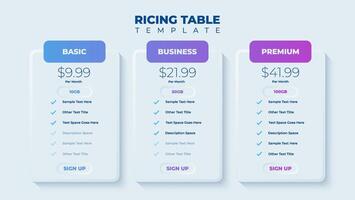 Business price chart template, Web banner checklist template design. Design a price list comparison table. vector