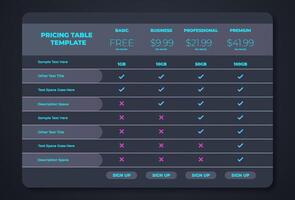 Business price chart template, Web banner checklist template design. Design a price list comparison table. vector