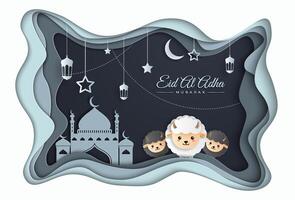 Eid al-Adha Mubarak celebration card with sheep and mosque with a background in paper art. Use it for banners, posters, leaflets, brochure sales templates. vector