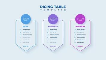 Business price chart template, Web banner checklist template design. Design a price list comparison table. vector