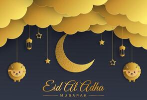 Stylish illustration of a shiny gold paper cut sheep with a crescent moon and clouds on a black background for the celebration of the Eid al-Adha festival. vector