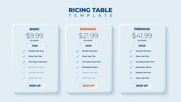 Business price chart template, Web banner checklist template design. Design a price list comparison table. vector