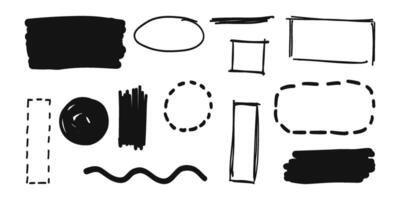 Hand-draw doodle frame set. Scribble elements. Circle, box, oval, square, wave, line, rectangle. Brush pen, line stroke vector