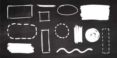 Hand-draw doodle frame set on chalkboard background. Scribble elements. Circle, box, oval, square, wave, line, rectangle. Brush pen, line stroke vector