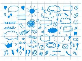 Simple sketch line style elements. Doodle cute ink pen line elements isolated on background of checkered notebook sheet. Doodle arrow, heart, star, decoration symbol, blue icon set. vector