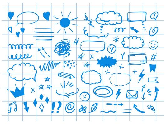 Simple sketch line style elements. Doodle cute ink pen line elements isolated on background of checkered notebook sheet. Doodle arrow, heart, star, decoration symbol, blue icon set.