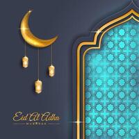 Eid al-Adha Muslim community festival. Greeting cards with bright windows, lanterns, and crescent moon against the background of the night. vector