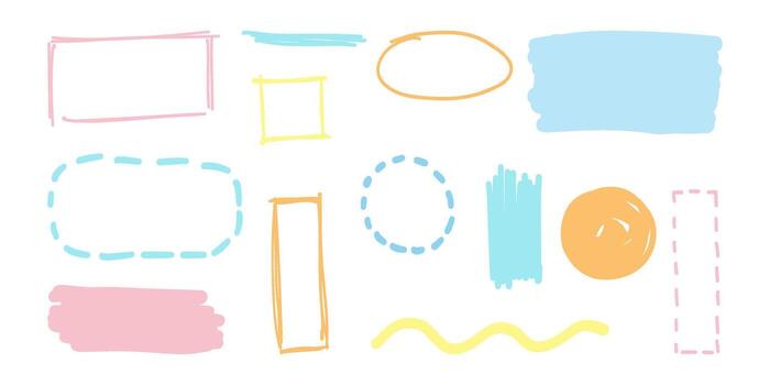 Hand-draw colored doodle frame set. Scribble elements. Circle, box, oval, square, wave, line, rectangle. Brush pen, line stroke vector