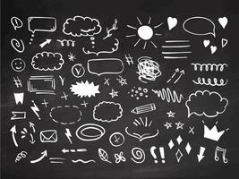 Simple sketch line style elements. Doodle cute ink pen line elements isolated on white background. Doodle arrow, heart, star, decoration symbol, icon set on chalkboard background. vector