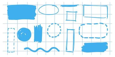 Hand-drawn doodle frame set. Scribble elements. Circle, box, oval, square, wave, line, rectangle. Brush pen, line stroke vector