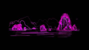 Neon frame effect iconic limestone karsts and islets of Halong Bay,Vietnam, glow, black background. video