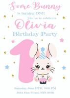 Birthday invitation card design with number and rabbit. One year. Illustration with cute white bunny. Invitation for children in pink and blue color. Ready to use and editable template. vector
