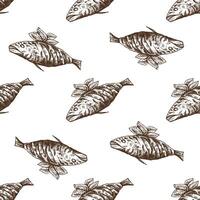 Hand-drawn seamless pattern of barbecue fish. Doodle vintage illustration. Decorations for the menu of cafes and labels. vector