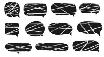 Set of black and white speech bubbles. Dialogue box in doodle style with scribble textures. Doodles drawn with marker. Text boxes for chats and games. Various talk balloon shapes in retro 90's style vector