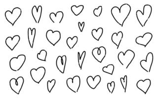 Set of hand drawn various hearts. Different heart shapes in doodle style. Drawing with a marker, brush strokes. Love shapes for your design. Isolated on white background. vector