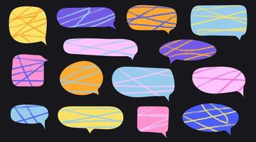 Set of colorful speech bubbles. Dialogue box in doodle style with scribble textures. Doodles drawing chalk marker. Text boxes for chats and games. Various talk balloon shapes in retro 90's style vector