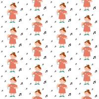Seamless pattern with cute baby girl is playing triangle music, surrounded by notes. vector