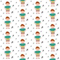 Seamless pattern with cute baby boy is playing drum music, surrounded by notes. vector