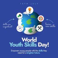 World Youth Skills Day. 15th July World Youth skills day celebration banner with earth globe and icons of different skills, ideas around it. Skills day conceptual banner to learn new things. vector
