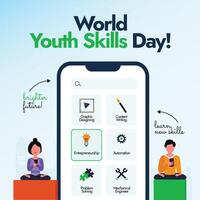 World Youth Skills Day. 15th July World Youth Skills Day celebration banner with two young people using digital phone, smartphone screen with different skills options to be learnt. vector