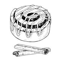 Cinnamon Roll hand drawn illustration. Bun and canella sticks sketch drawing. Vintage white and black line art on background. Cliparts of food for graphic design. Bakery elements vector