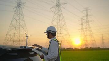 A man in a safety vest is standing next to a car and looking at a tablet. The scene is set in a field with power lines in the background. Scene is serious and focused video
