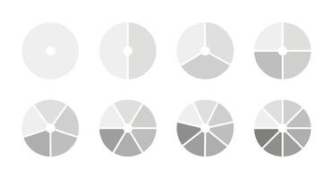 Pie chart set. Monochrome diagram with 1, 2, 3, 4, 5, 6, 7, 8 equal sections, steps. Circle icons for UI, web design, business presentation, infographic, statistic, analytics. Graphic illustration. vector