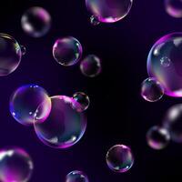 Realistic glowing bubbles background with blur effect on a dark background. Trendy flying liquid balls bubbles. Modern background with 3D soap bubbles banner, poster template, web. vector