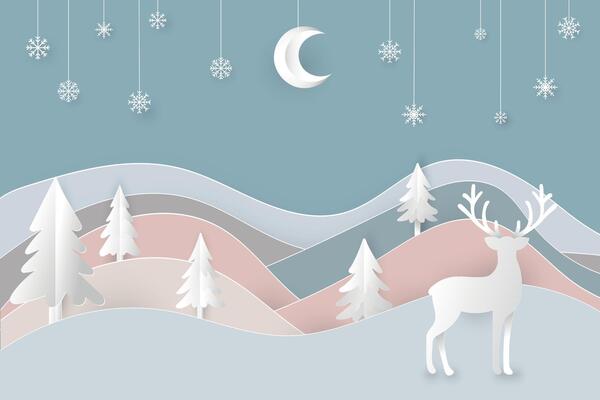 Christmas snowy landscape panorama,copy space. , greeting card.Paper cut art style. with digital craft.