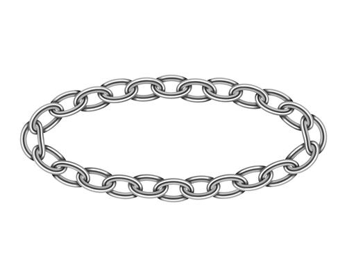 Realistic metal circle frame chain texture. Silver color round chains link isolated on white background. Strong iron chainlet solid three dimensional design element.
