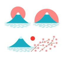 Mount Fuji set, Fuji and sun, Fuji with cherry blossom. Flat color illustration isolated on white background. vector