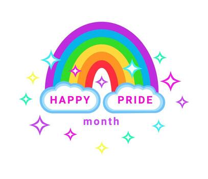 Pride month congratulation card. Color rainbow with clouds and sparkles. vector