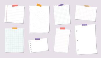 notes collection, set of empty note paper sheets with sticky tapes. Scrapbooking, print, template, planner design. EPS 10 vector