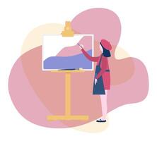 Girl in apron painting standing near easel with canvas flat illustration. vector