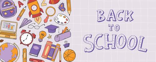 Back to school, education horizontal banner with lettering quote and doodles. Poster, invitation, social media, orint, card design. EPS 10 vector