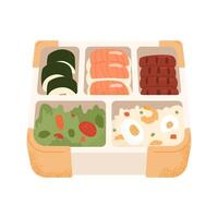Lunch box or bento box with food illustration isolated on white. Rice with shrimps and eggs, sushi, rolls, sausages and vegetable salad in food container. vector